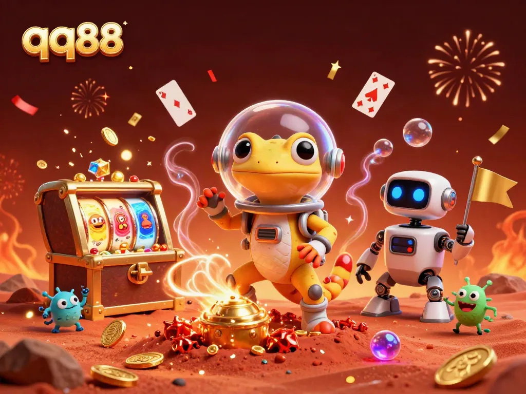 Participate in thrilling qq88 gaming adventures with a vibrant cartoon scene of a Martian gecko in a golden casino.