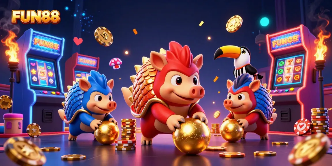 Compete for riches with FUN88's vibrant 3D gaming scene showcasing pangolins and casino elements.
