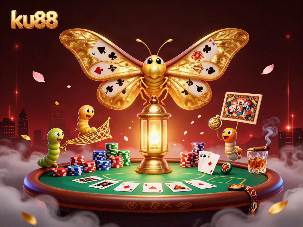 ku88 showcases a vibrant 3D casino scene with poker elements and mythical creatures.