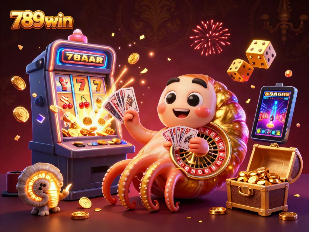Experience the vibrant world of 789win with a dynamic casino scene filled with 3D illustrated characters and elements.