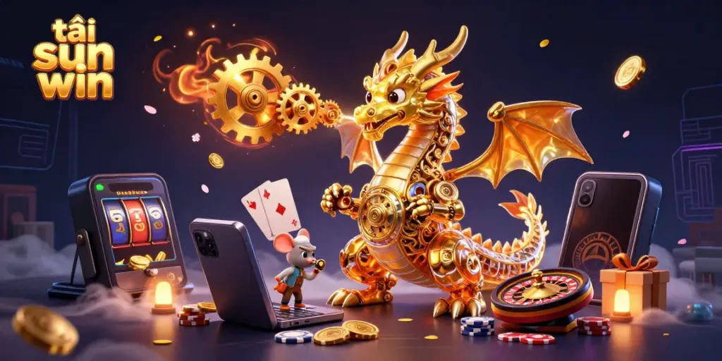 Experience the thrill of tải sun win with a vibrant 3D scene featuring an epic golden dragon amidst casino elements.