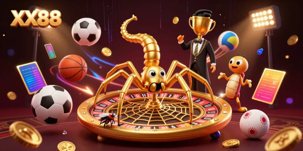 Engage in thrilling gameplay at XX88 with a dynamic 3D illustration featuring animated casino elements and sports excitement.
