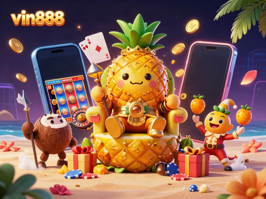 Experience thrilling moments with vin888 at the vibrant beach casino featuring a golden pineapple king.