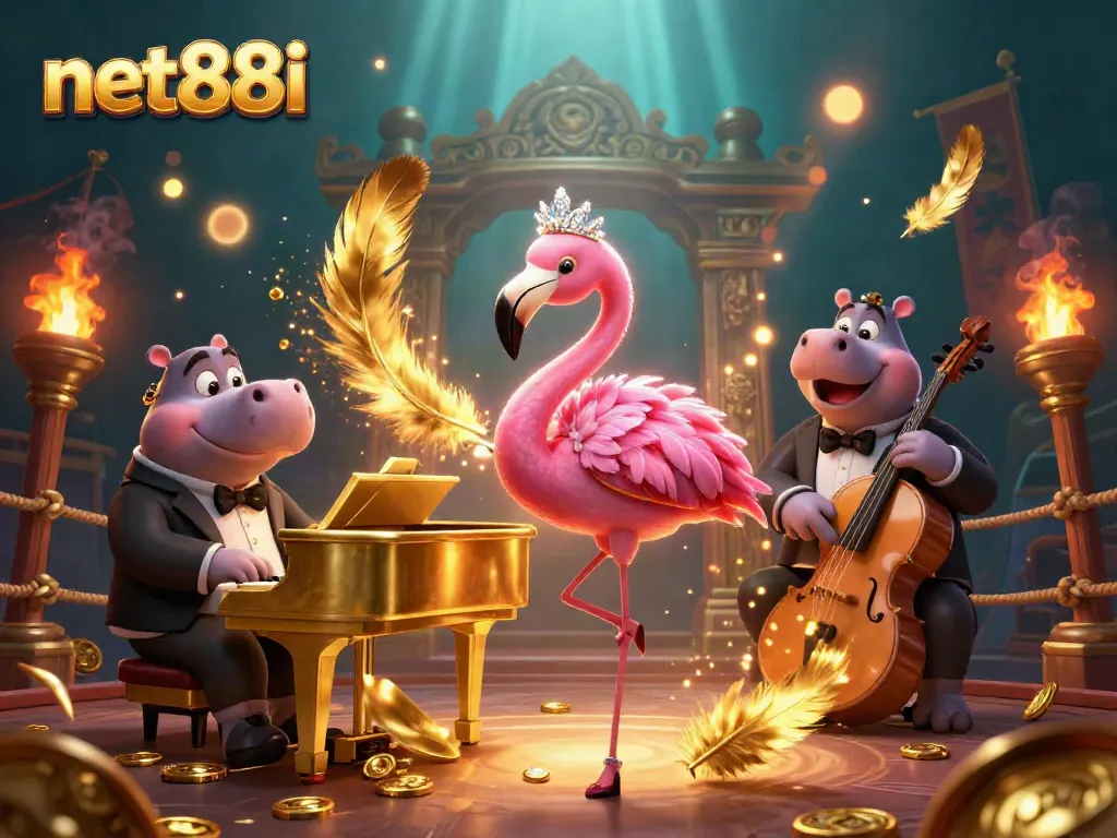 Experience entertainment at net88i with a vibrant casino scene featuring a flamingo singer and an elegant hippo bassist