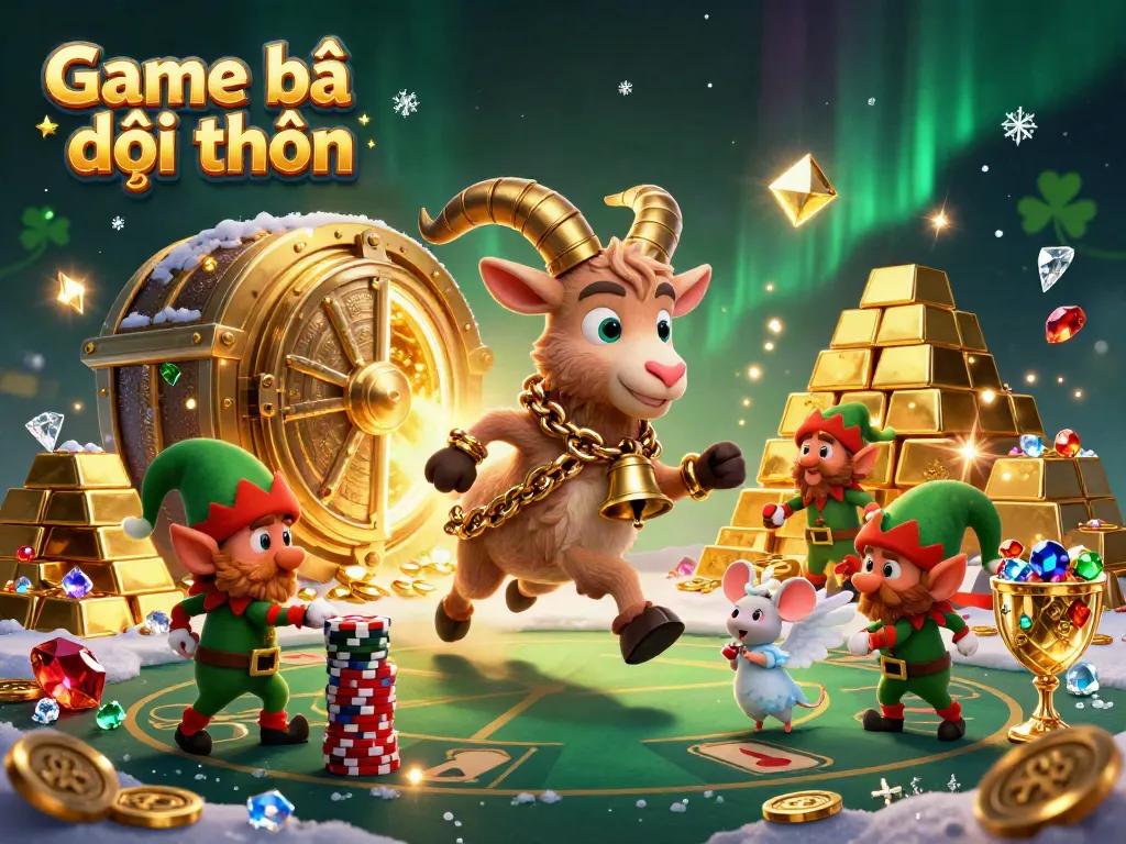 Game bài đổi thưởng scene with Krampus goat, angel mouse, and elf gremlins in a vibrant casino.