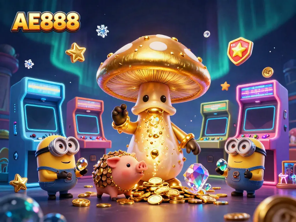 Experience the magic of AE888 with a wizard and treasure-hunting pig in a lively casino scene.