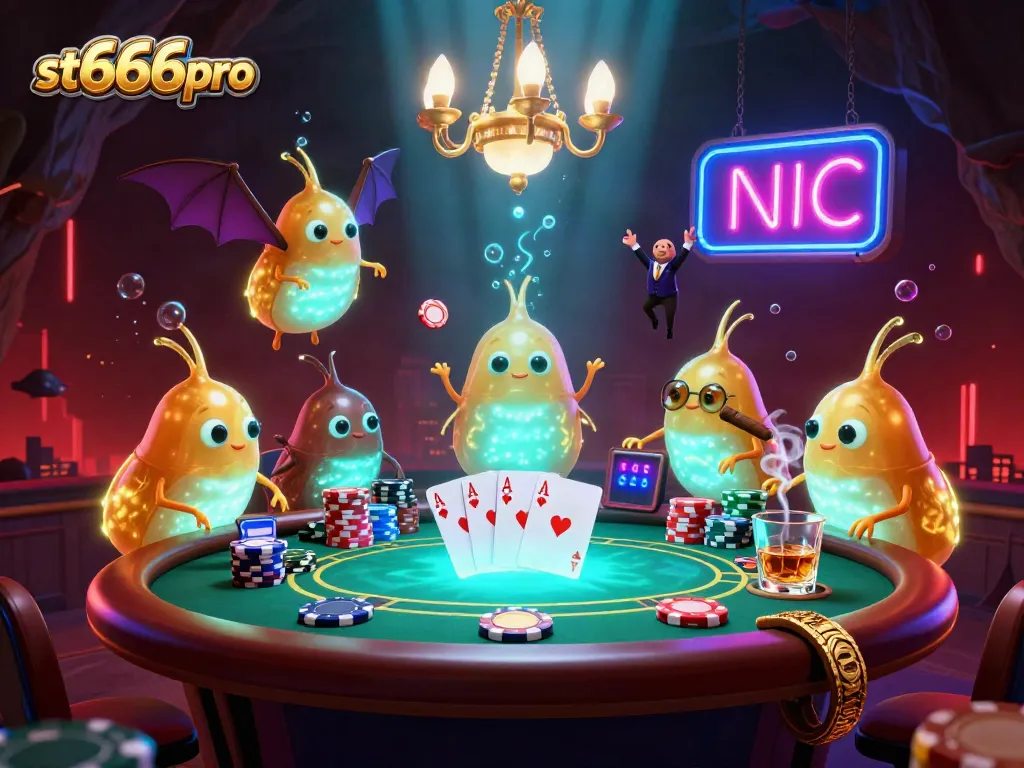 Experience the thrill of winning with st666pro's vibrant 3D casino illustration featuring glowing creatures and poker elements.