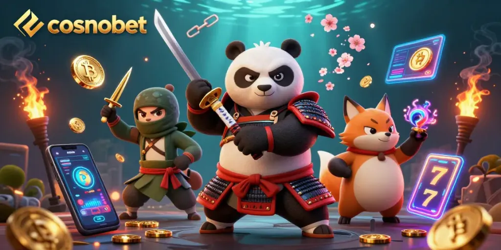 Experience the thrill of cosmobet with an animated samurai panda and ninja fox in a vibrant casino adventure.
