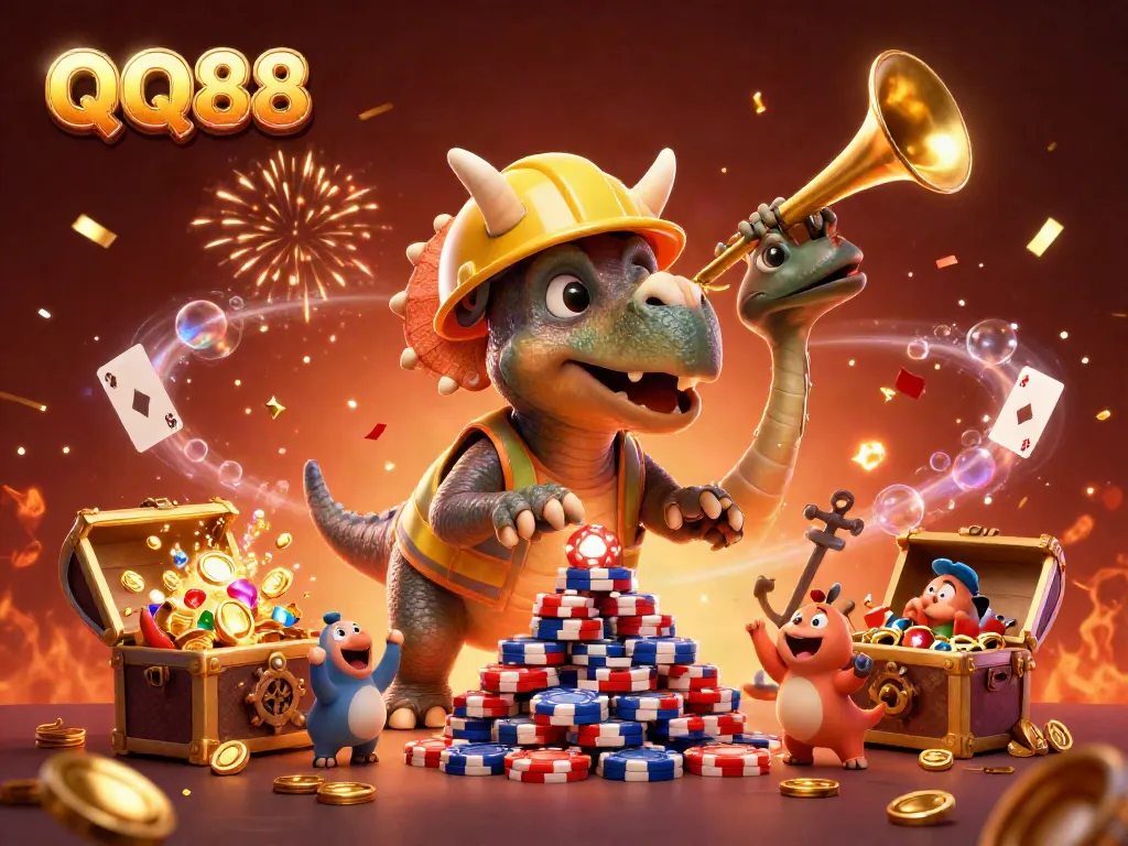 Engage with QQ88 through vibrant celebration in a dynamic casino-themed illustration.