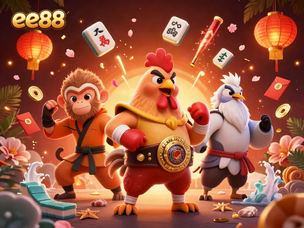 Play exciting games at ee88 with vibrant cartoon characters in a rich casino-themed scene.