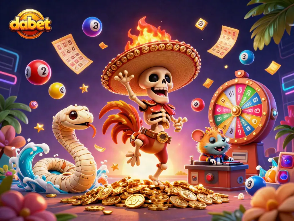 Engage with dabet's vibrant gaming scene featuring lively characters in a casino-themed illustration.