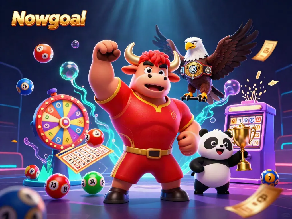 In a dynamic scene, Nowgoal's bull mascot celebrates victory as colorful lottery balls and a prize wheel surround him, illustrating sports excitement.