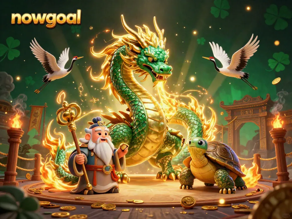 Join the excitement of nowgoal with a captivating dragon and turtles in a fiery casino scene, highlighting betting fervor.