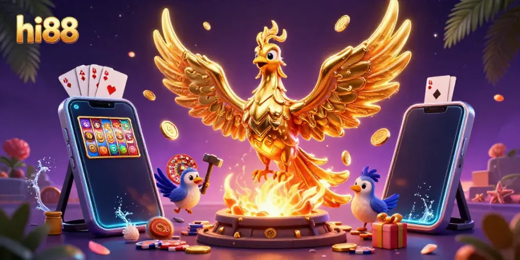Experience hi88's gaming excitement with our molten phoenix and casino elements in a dazzling scene.