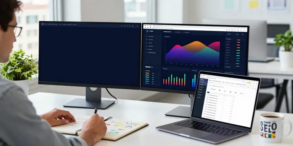SEO specialist analyzing instant indexing metrics in a modern office